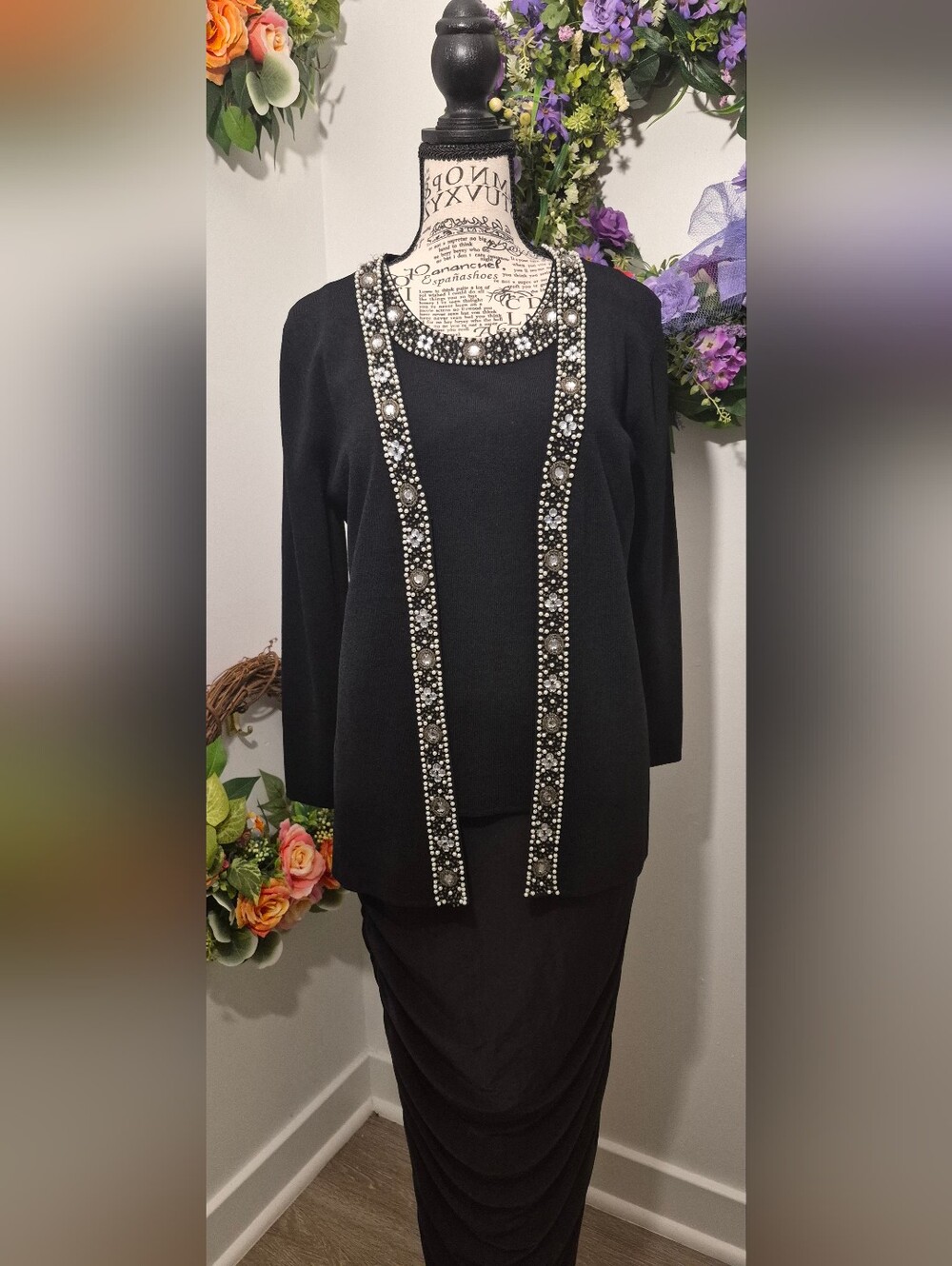 Cable & Gauge Black 2 Pc Cardigan Black Embellished Medium, Excellent Condition